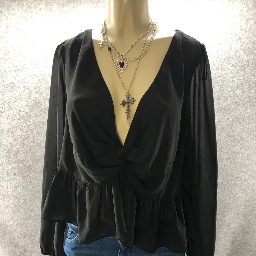 H&M Peplum Blouse Deep V Neck Twist Front Open Back Womens XL Black Long Sleeve